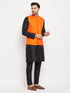 Vastramay Men's Orange Matka Silk Nehru Jacket With Black Silk Blend Kurta and Pant style Pyjama Set