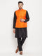 Vastramay Men's Orange Matka Silk Nehru Jacket With Black Silk Blend Kurta and Pant style Pyjama Set