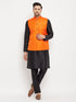 Vastramay Men's Orange Matka Silk Nehru Jacket With Black Silk Blend Kurta and Pant style Pyjama Set