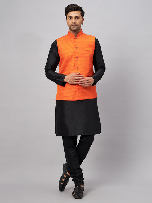 Vastramay Men's Orange Jacket With Black Solid Silk Blend Kurta and Pyjama Set