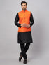 Vastramay Men's Orange Jacket With Black Solid Silk Blend Kurta and Pyjama Set