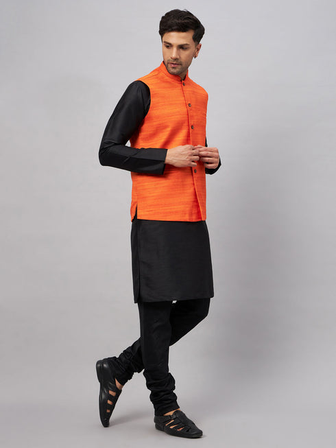 Vastramay Men's Orange Jacket With Black Solid Silk Blend Kurta and Pyjama Set