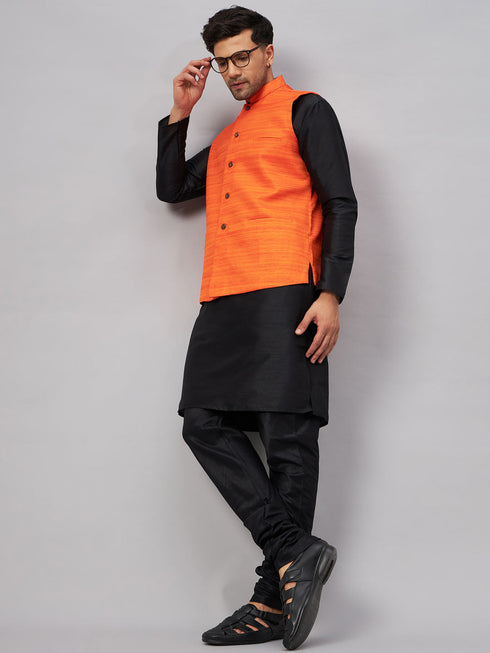 Vastramay Men's Orange Jacket With Black Solid Silk Blend Kurta and Pyjama Set
