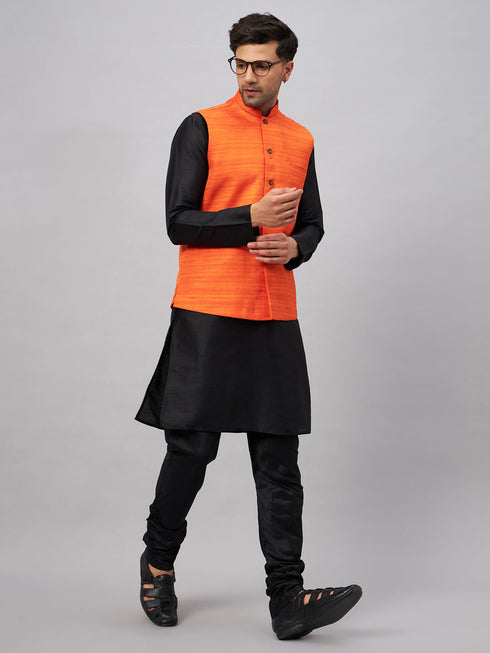 Vastramay Men's Orange Jacket With Black Solid Silk Blend Kurta and Pyjama Set