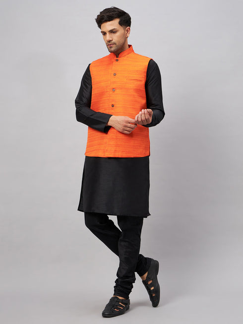 Vastramay Men's Orange Jacket With Black Solid Silk Blend Kurta and Pyjama Set