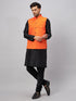 Vastramay Men's Orange Jacket With Black Solid Silk Blend Kurta and Pyjama Set
