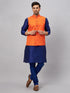 Vastramay Men's Orange Jacket With Blue Solid Silk Blend Kurta and Pyjama Set