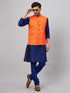 Vastramay Men's Orange Jacket With Blue Solid Silk Blend Kurta and Pyjama Set