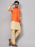 Vastramay Men's Orange Matka Silk Nehru Jacket With Gold Silk Blend Kurta and Pant style Pyjama Set