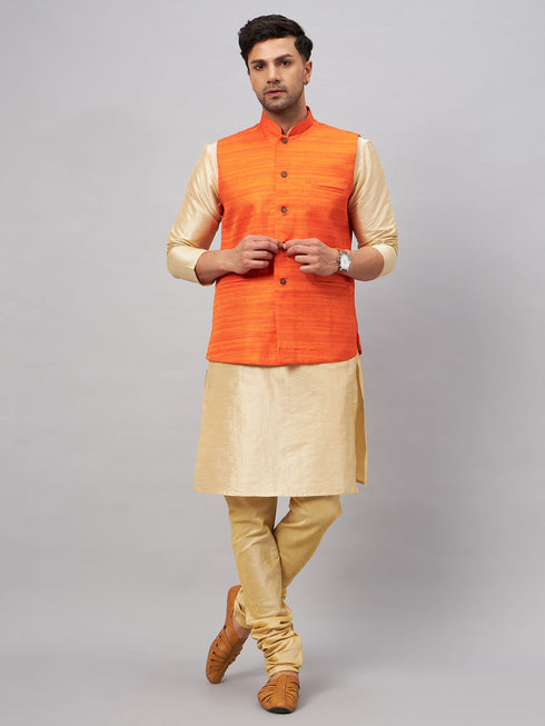 Vastramay Men's Orange Jacket With Gold Kurta And Pyjama Set