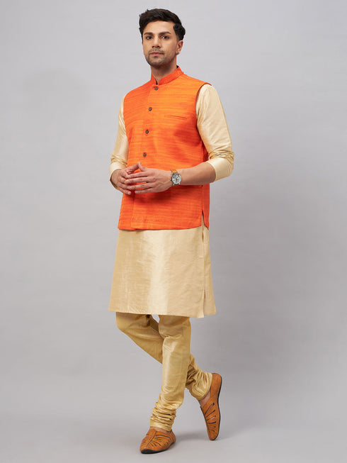 Vastramay Men's Orange Jacket With Gold Kurta And Pyjama Set