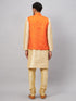 Vastramay Men's Orange Jacket With Gold Kurta And Pyjama Set