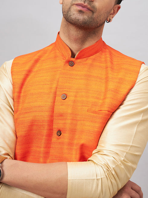 Vastramay Men's Orange Jacket With Gold Kurta And Pyjama Set