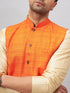 Vastramay Men's Orange Jacket With Gold Kurta And Pyjama Set