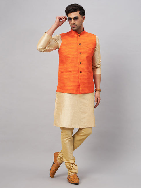Vastramay Men's Orange Jacket With Gold Kurta And Pyjama Set