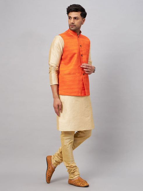 Vastramay Men's Orange Jacket With Gold Kurta And Pyjama Set