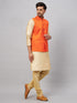 Vastramay Men's Orange Jacket With Gold Kurta And Pyjama Set