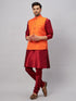 Vastramay Men's Orange Matka Silk Nehru Jacket With Maroon Silk Blend Kurta Pyjama Set
