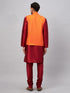 Vastramay Men's Orange Matka Silk Nehru Jacket With Maroon Silk Blend Kurta Pyjama Set