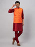 Vastramay Men's Orange Matka Silk Nehru Jacket With Maroon Silk Blend Kurta Pyjama Set