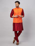 Vastramay Men's Orange Matka Silk Nehru Jacket With Maroon Silk Blend Kurta Pyjama Set