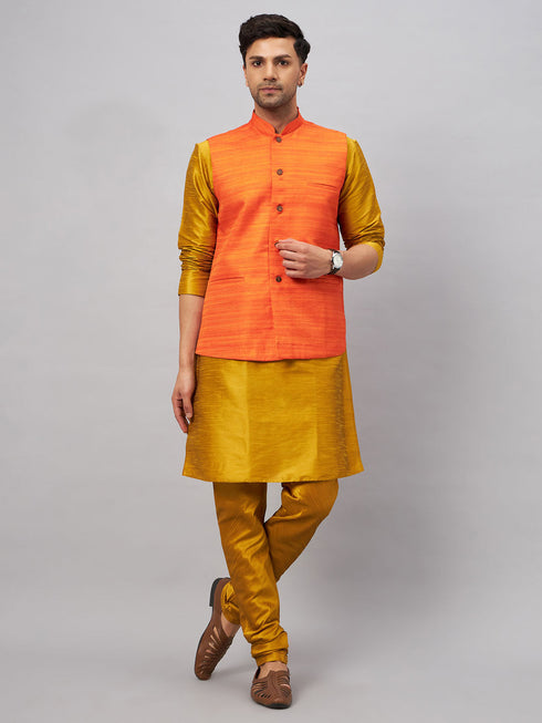 Vastramay Men's Orange Jacket With Mustard Kurta And Pyjama Set