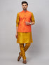Vastramay Men's Orange Jacket With Mustard Kurta And Pyjama Set