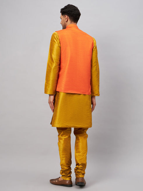 Vastramay Men's Orange Jacket With Mustard Kurta And Pyjama Set