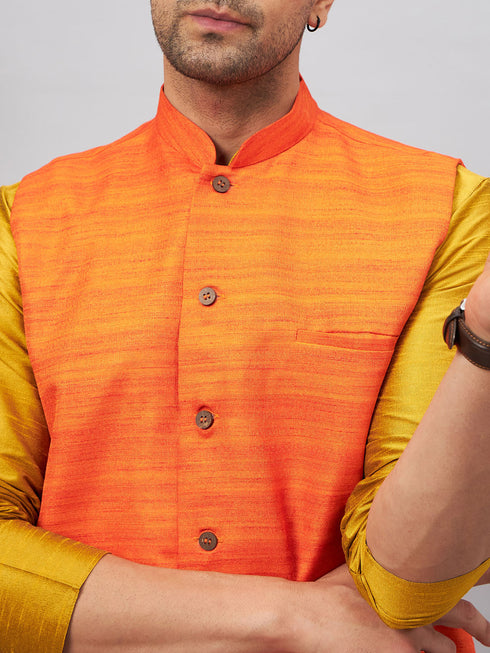 Vastramay Men's Orange Jacket With Mustard Kurta And Pyjama Set