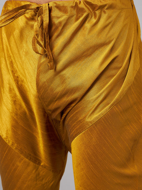 Vastramay Men's Orange Jacket With Mustard Kurta And Pyjama Set