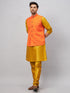 Vastramay Men's Orange Jacket With Mustard Kurta And Pyjama Set