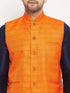 Vastramay Men's Orange Matka Silk Nehru Jacket With Navy Blue Silk Blend Kurta and Pant style Pyjama Set