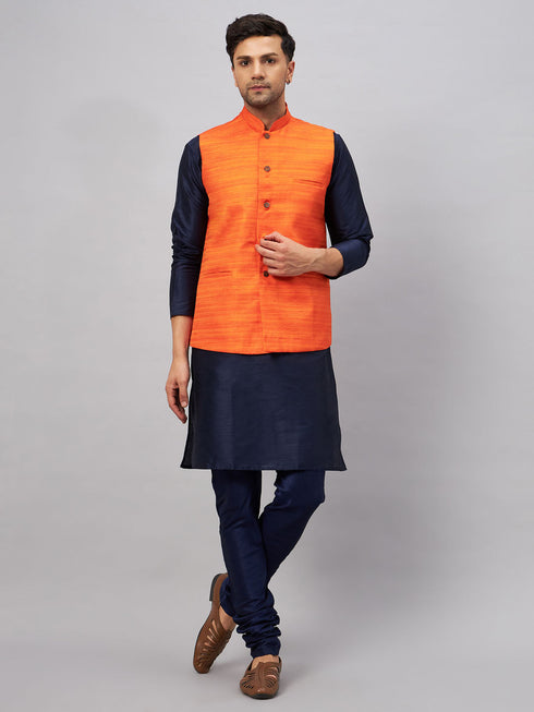 Vastramay Men's Orange Jacket With Navy Blue Kurta And Pyjama Set