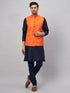 Vastramay Men's Orange Jacket With Navy Blue Kurta And Pyjama Set