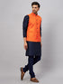 Vastramay Men's Orange Jacket With Navy Blue Kurta And Pyjama Set