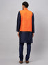 Vastramay Men's Orange Jacket With Navy Blue Kurta And Pyjama Set