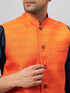 Vastramay Men's Orange Jacket With Navy Blue Kurta And Pyjama Set