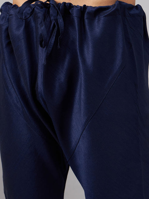 Vastramay Men's Orange Jacket With Navy Blue Kurta And Pyjama Set