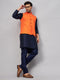 Vastramay Men's Orange Jacket With Navy Blue Kurta And Pyjama Set