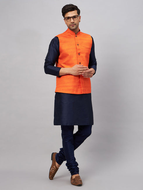 Vastramay Men's Orange Jacket With Navy Blue Kurta And Pyjama Set
