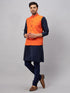Vastramay Men's Orange Jacket With Navy Blue Kurta And Pyjama Set