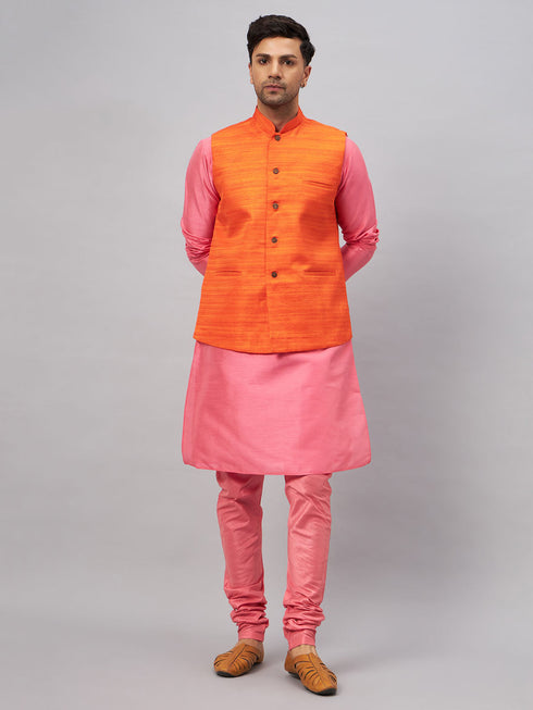 Vastramay Men's Orange Jacket With Pink Kurta And Pyjama Set