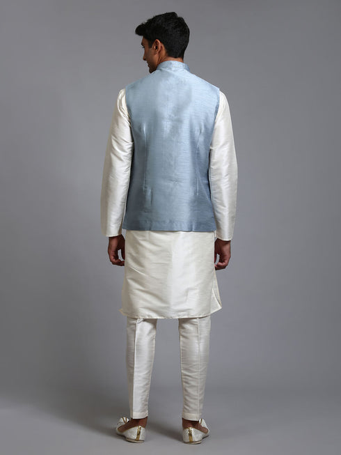 Vastramay Men's Grey Embellished Jacket with Cream Kurta Pant Set