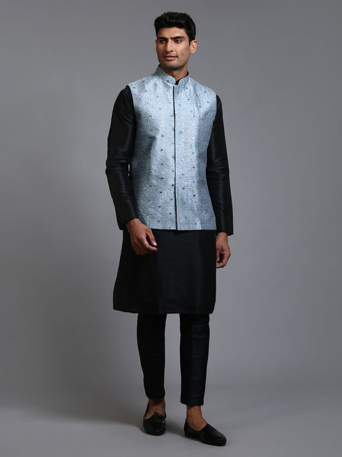 Vastramay Men's Grey Embellished Jacket with Black Kurta Pant Set