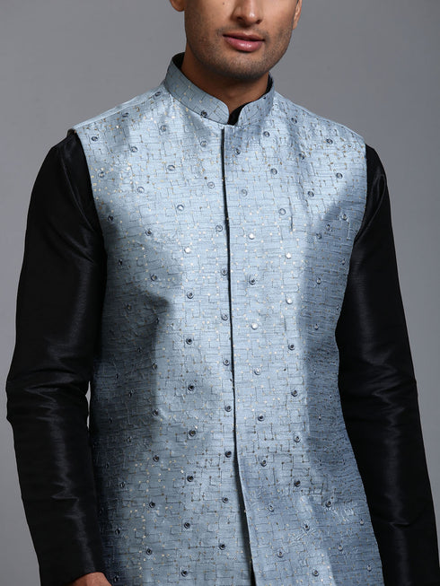 Vastramay Men's Grey Embellished Jacket with Black Kurta Pant Set