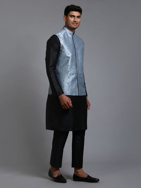 Vastramay Men's Grey Embellished Jacket with Black Kurta Pant Set