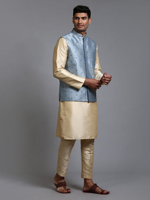 Vastramay Men's Grey Embellished Jacket with Gold Kurta Pant Set