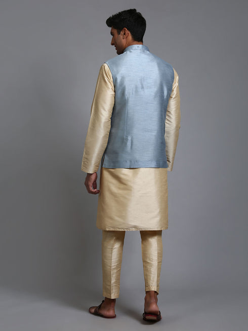 Vastramay Men's Grey Embellished Jacket with Gold Kurta Pant Set