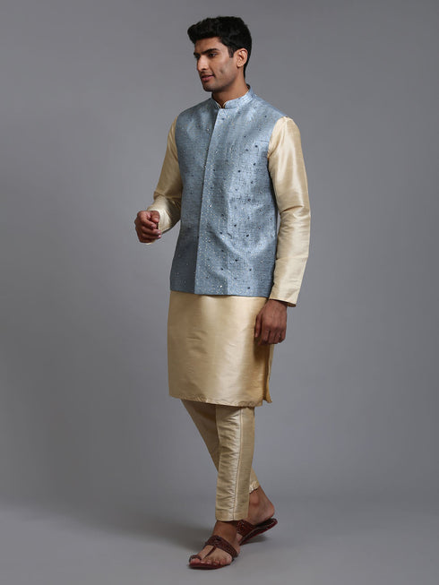 Vastramay Men's Grey Embellished Jacket with Gold Kurta Pant Set