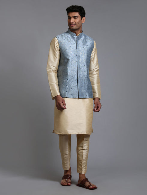 Vastramay Men's Grey Embellished Jacket with Gold Kurta Pant Set
